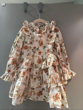 Janie and Jack White Floral Ruffle Tiered Dress with Orange and Green Flowers